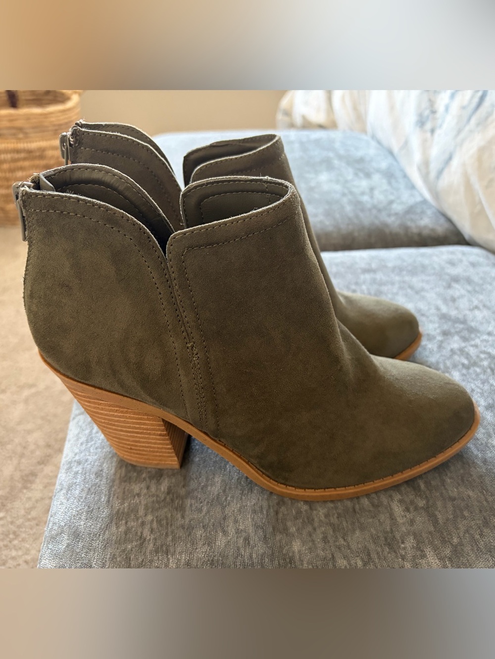 Joie Olive Green Suede Ankle Booties with Stacked Heel